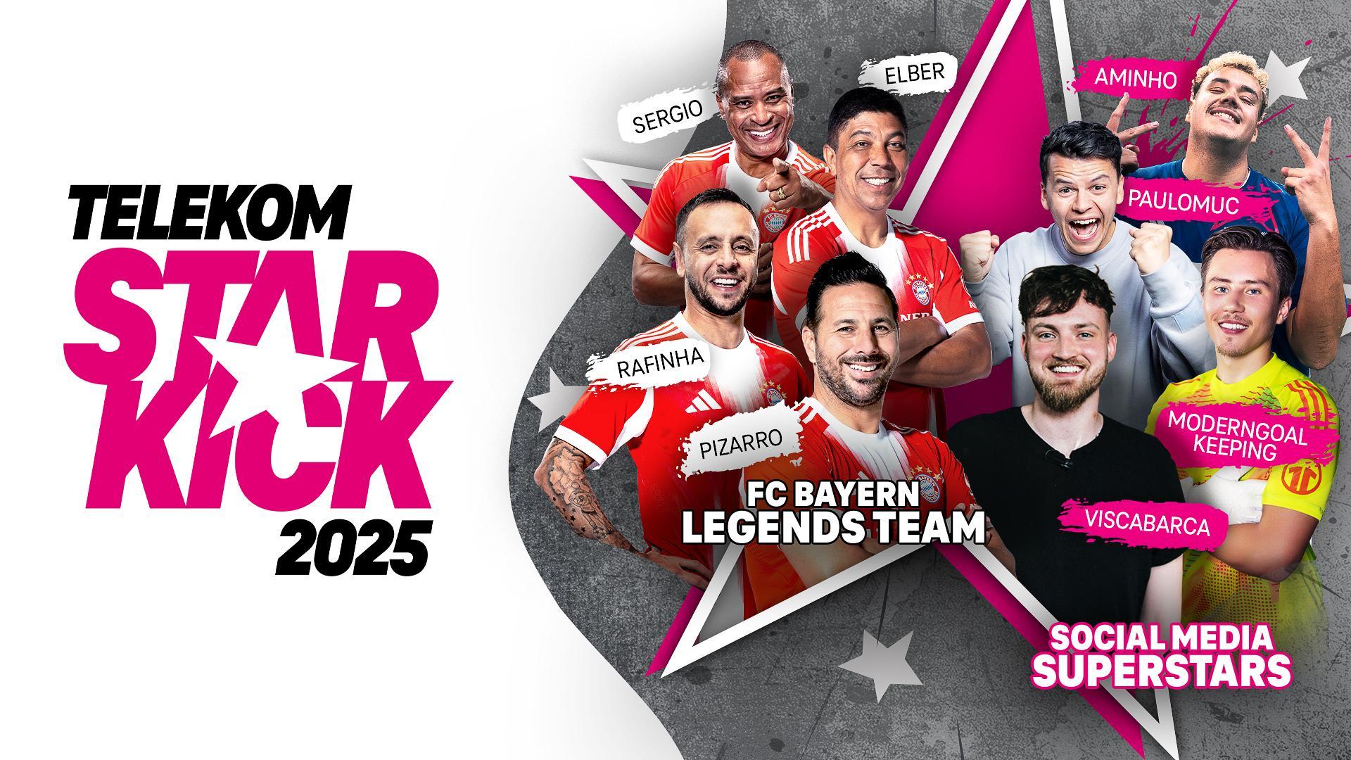 Werbegrafik Telekom Starkick mit Logo und teilnehmenden Ex-Profis und Social-Media Stars